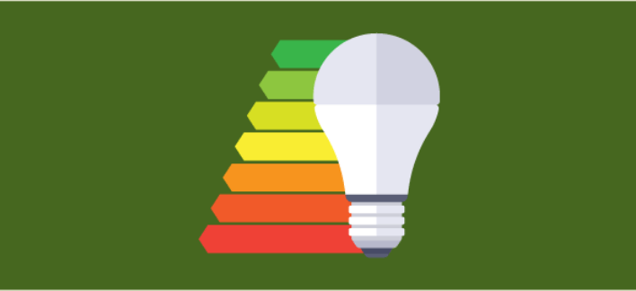 symbol that represents the scale to measure if a lamp is energy-efficient or not in green background, a lamp and a scale from red to green